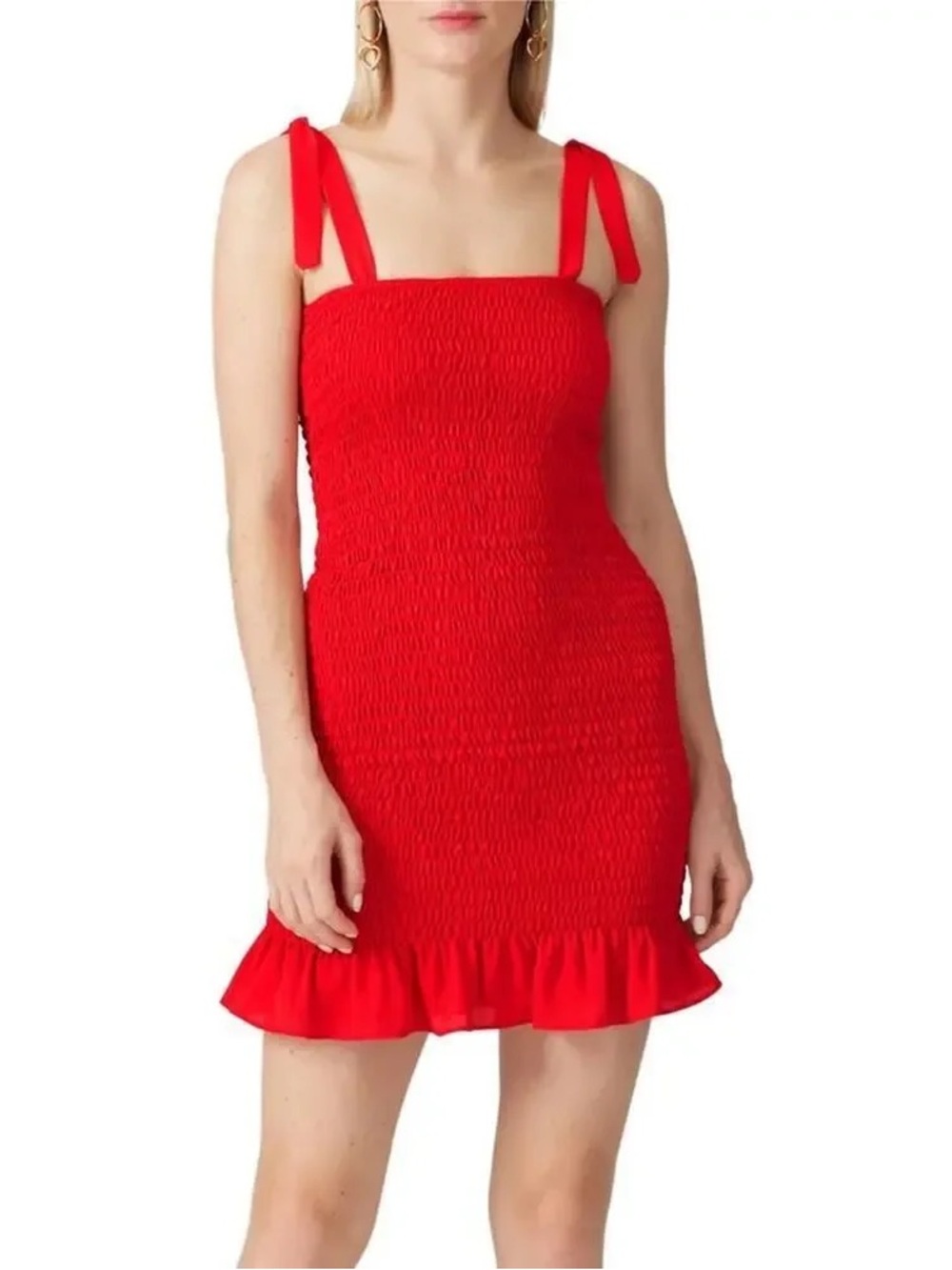 Krisa Smocked Red Mini Dress Tie Shoulders M